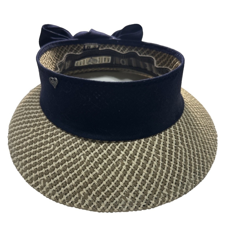 Kate Lord Womens S/M Straw Visor Hat Navy Blue Bow Wide Golf Patriotic Summer